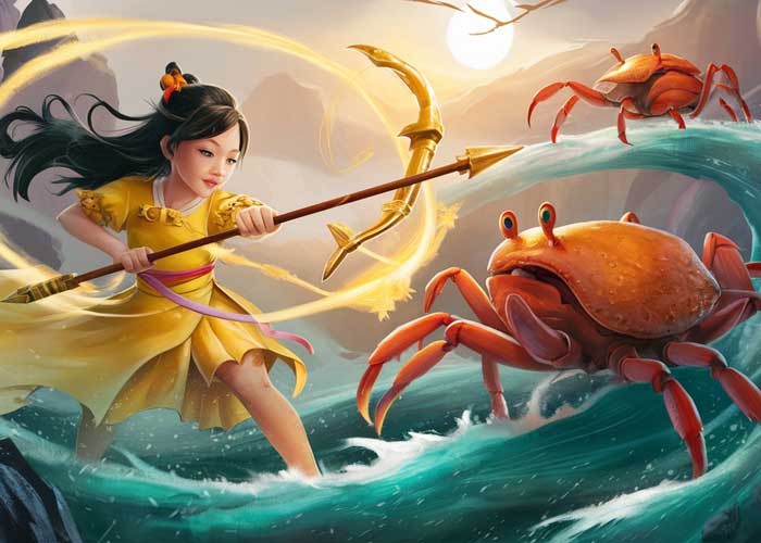 Kleting Kuning fights Yuyu Kangkang (Gecarcinucoidea crab) with a golden arrow weapon