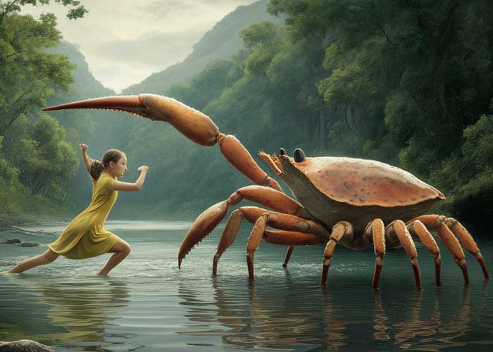 Kleting Kuning's fights against a giant Yuyu Kangkang (Gecarcinucoidea crab) in the river