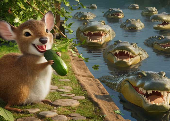 A mouse deer was across the river eating cucumber while laughing in the garden